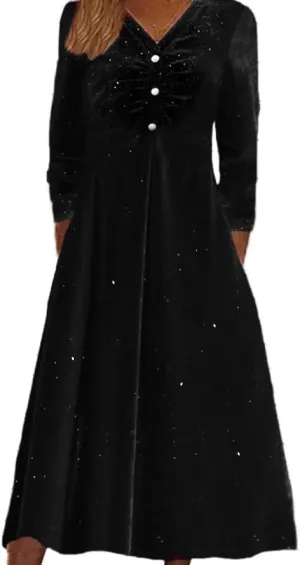 Akivide Womens Sexy Elegant Velvet Dresses Glitter Sequin Long Sleeve V Neck A-Line Velvet Midi Dress