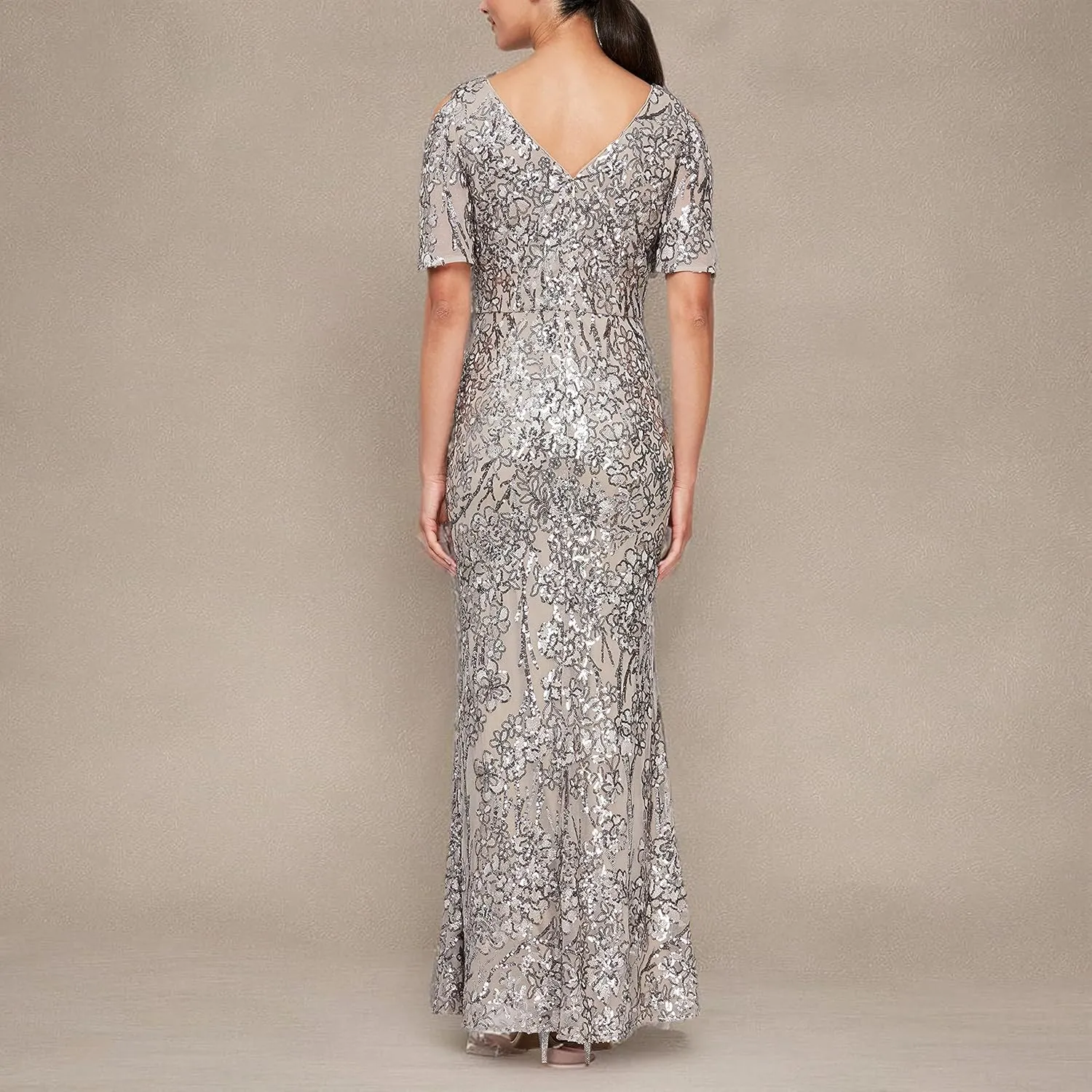Alex Evenings Women's Long Mother of The Bride Sequin Dress with Cold Shoulder Flutter Sleeves (Petite and Regular Sizes)