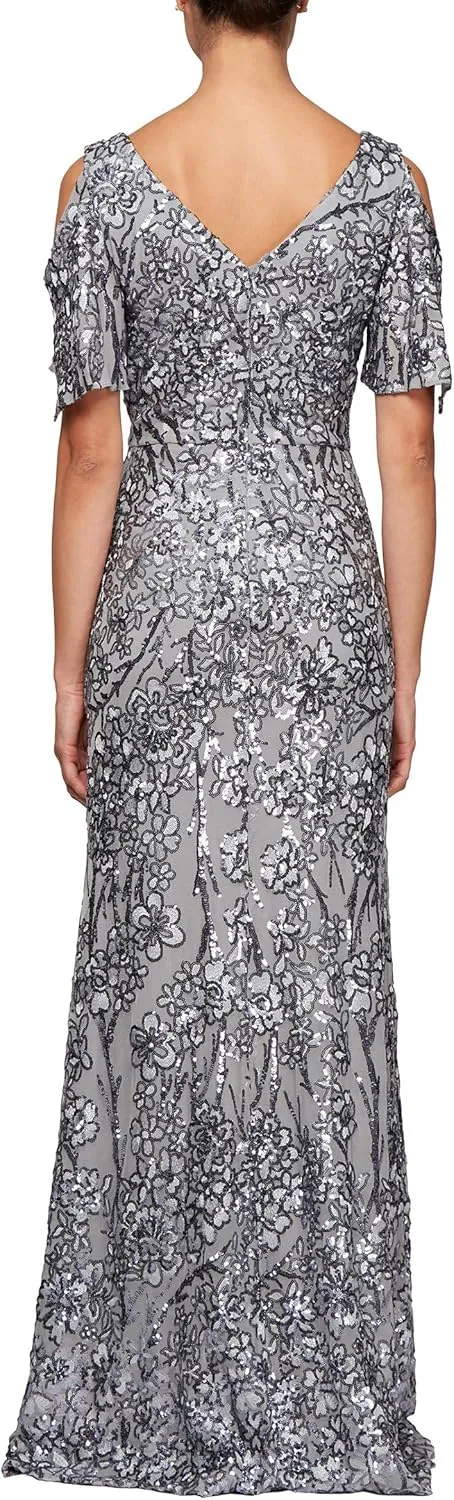 Alex Evenings Women's Long Mother of The Bride Sequin Dress with Cold Shoulder Flutter Sleeves (Petite and Regular Sizes)