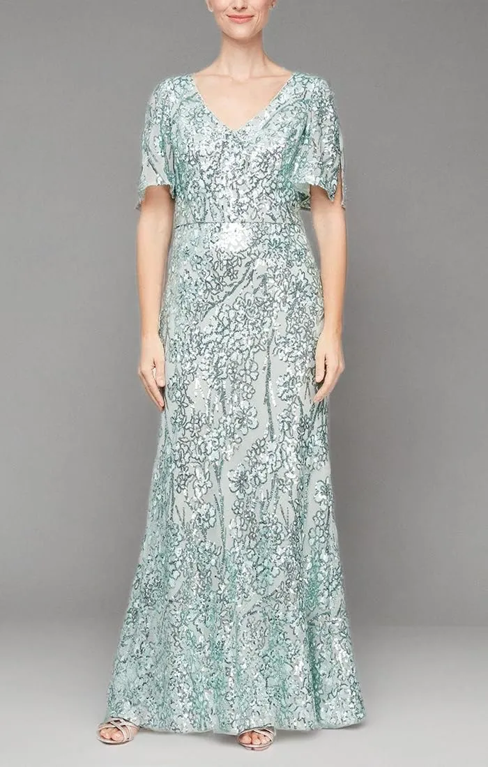 Alex Evenings Women's Long Mother of The Bride Sequin Dress with Cold Shoulder Flutter Sleeves (Petite and Regular Sizes)