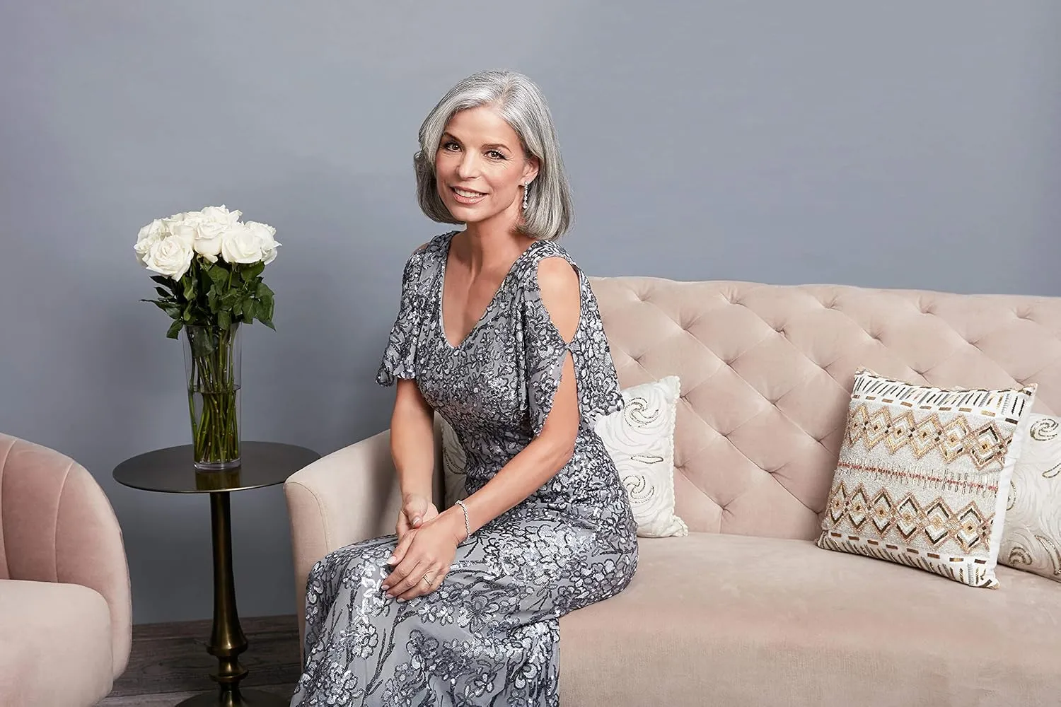 Alex Evenings Women's Long Mother of The Bride Sequin Dress with Cold Shoulder Flutter Sleeves (Petite and Regular Sizes)