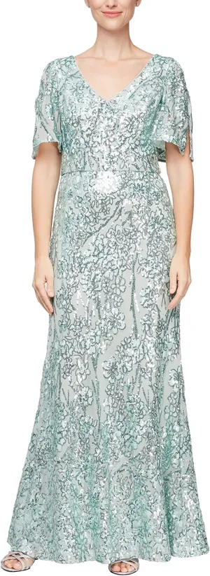 Alex Evenings Women's Long Mother of The Bride Sequin Dress with Cold Shoulder Flutter Sleeves (Petite and Regular Sizes)