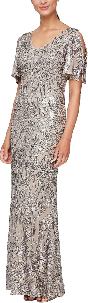 Alex Evenings Women's Long Mother of The Bride Sequin Dress with Cold Shoulder Flutter Sleeves (Petite and Regular Sizes)