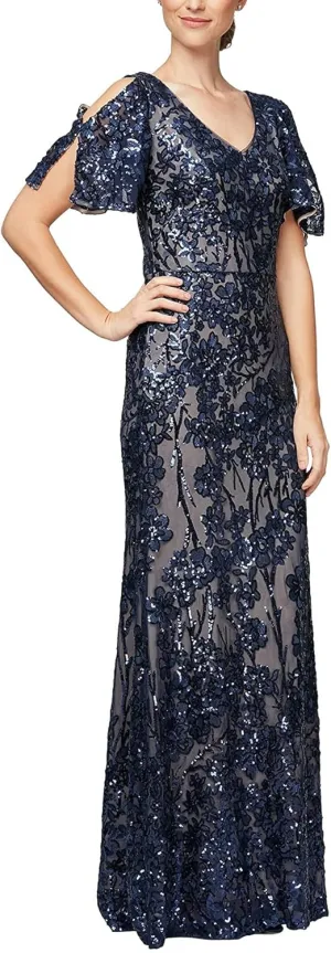 Alex Evenings Women's Long Mother of The Bride Sequin Dress with Cold Shoulder Flutter Sleeves (Petite and Regular Sizes)