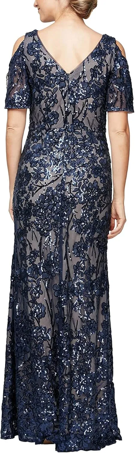 Alex Evenings Women's Long Mother of The Bride Sequin Dress with Cold Shoulder Flutter Sleeves (Petite and Regular Sizes)