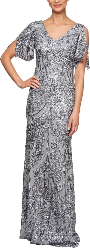 Alex Evenings Women's Long Mother of The Bride Sequin Dress with Cold Shoulder Flutter Sleeves (Petite and Regular Sizes)