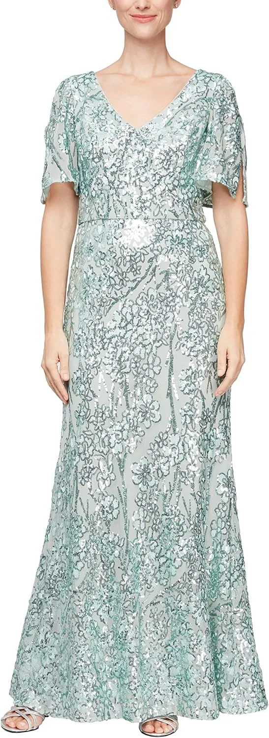 Alex Evenings Women's Long Mother of The Bride Sequin Dress with Cold Shoulder Flutter Sleeves (Petite and Regular Sizes)