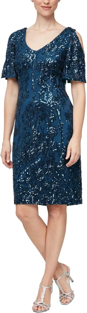 Alex Evenings Women's Short Cold Shoulder Flutter Sleeve Dress (Petite Regular)