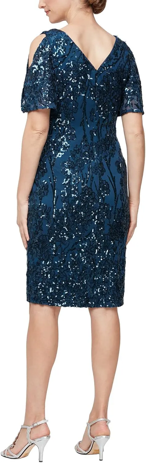 Alex Evenings Women's Short Cold Shoulder Flutter Sleeve Dress (Petite Regular)