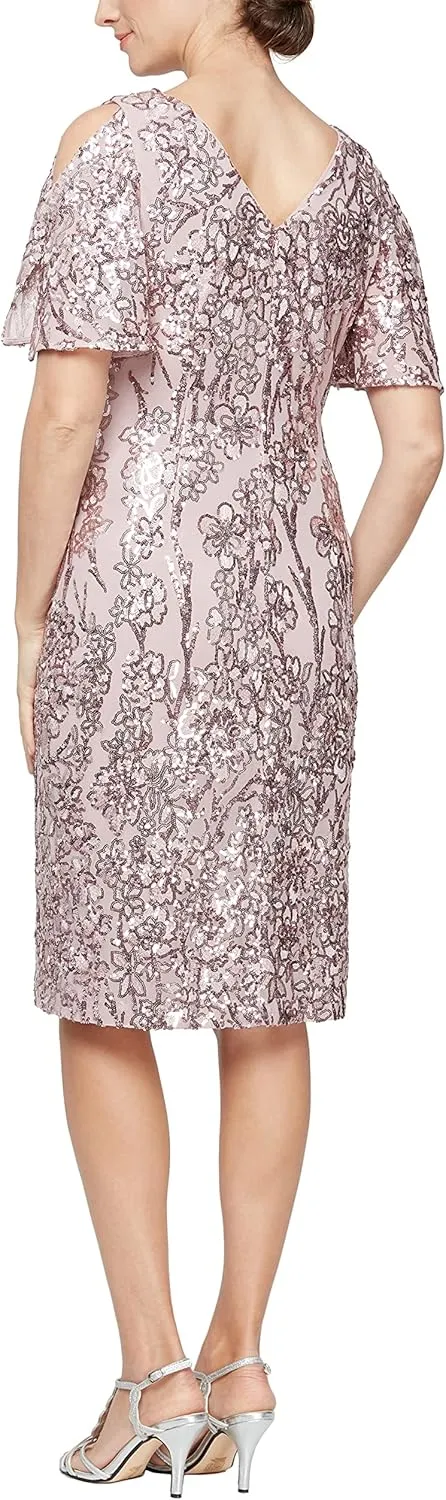 Alex Evenings Women's Short Cold Shoulder Flutter Sleeve Dress (Petite Regular)
