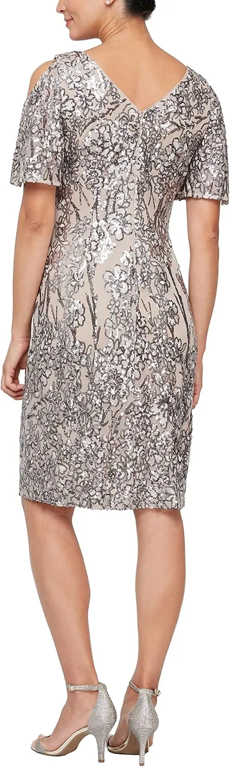 Alex Evenings Women's Short Cold Shoulder Flutter Sleeve Dress (Petite Regular)