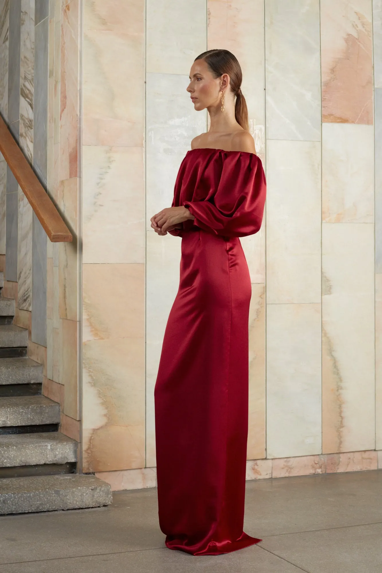 ALICE red off shoulder maxi dress
