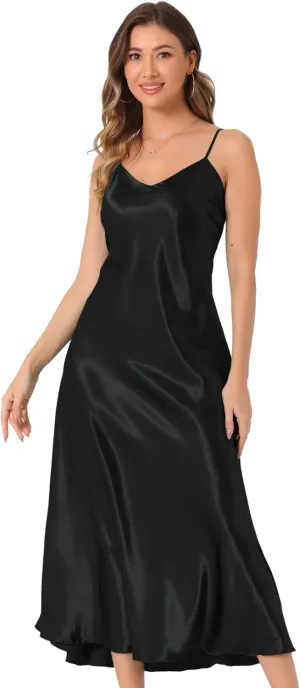 Allegra K Satin Sleeveless Dresses for Women's V Neck Spaghetti Strap Evening Party Silky Maxi Dress