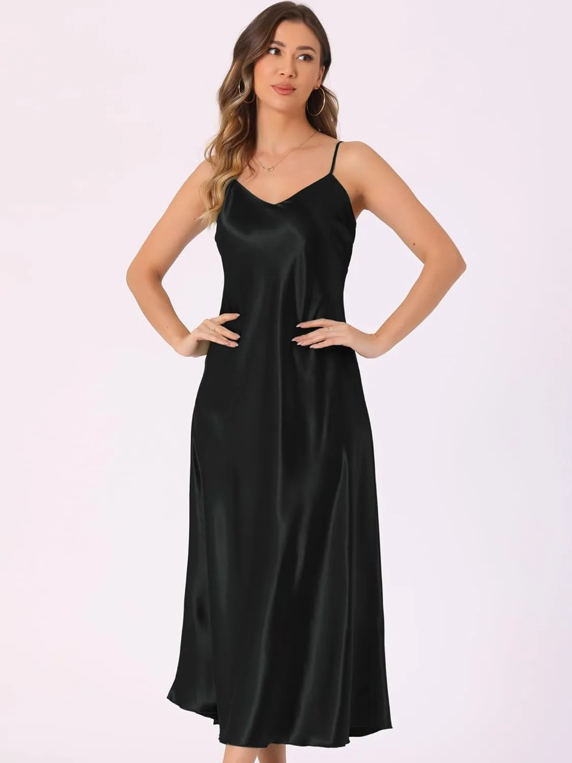 Allegra K Satin Sleeveless Dresses for Women's V Neck Spaghetti Strap Evening Party Silky Maxi Dress