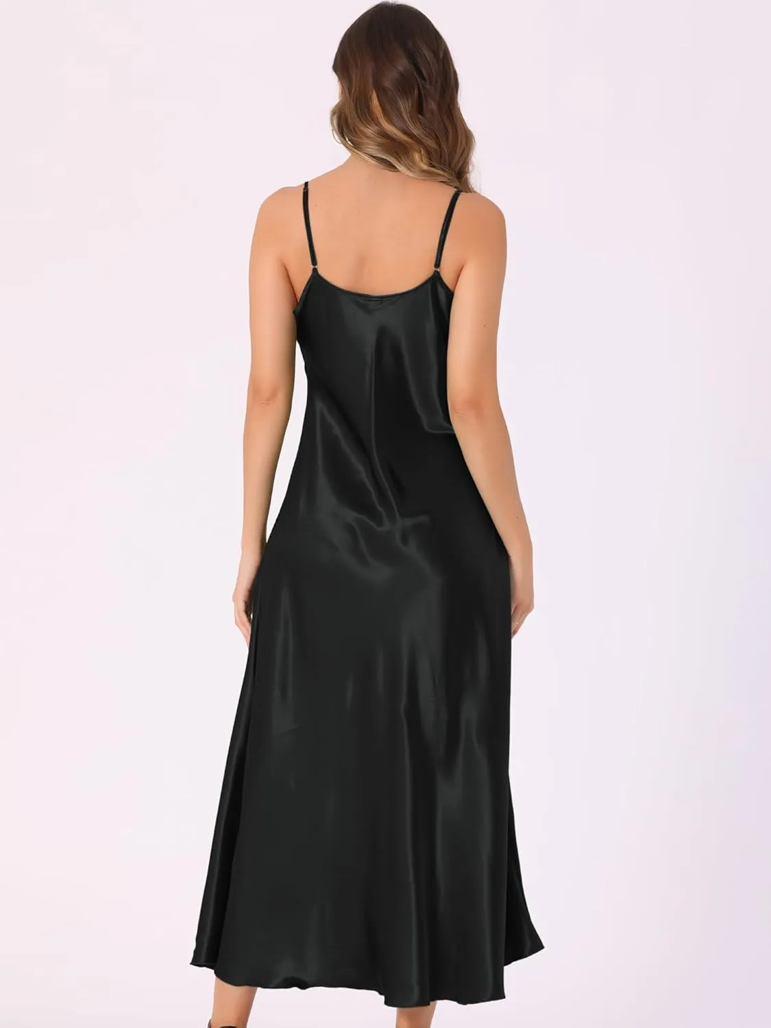 Allegra K Satin Sleeveless Dresses for Women's V Neck Spaghetti Strap Evening Party Silky Maxi Dress