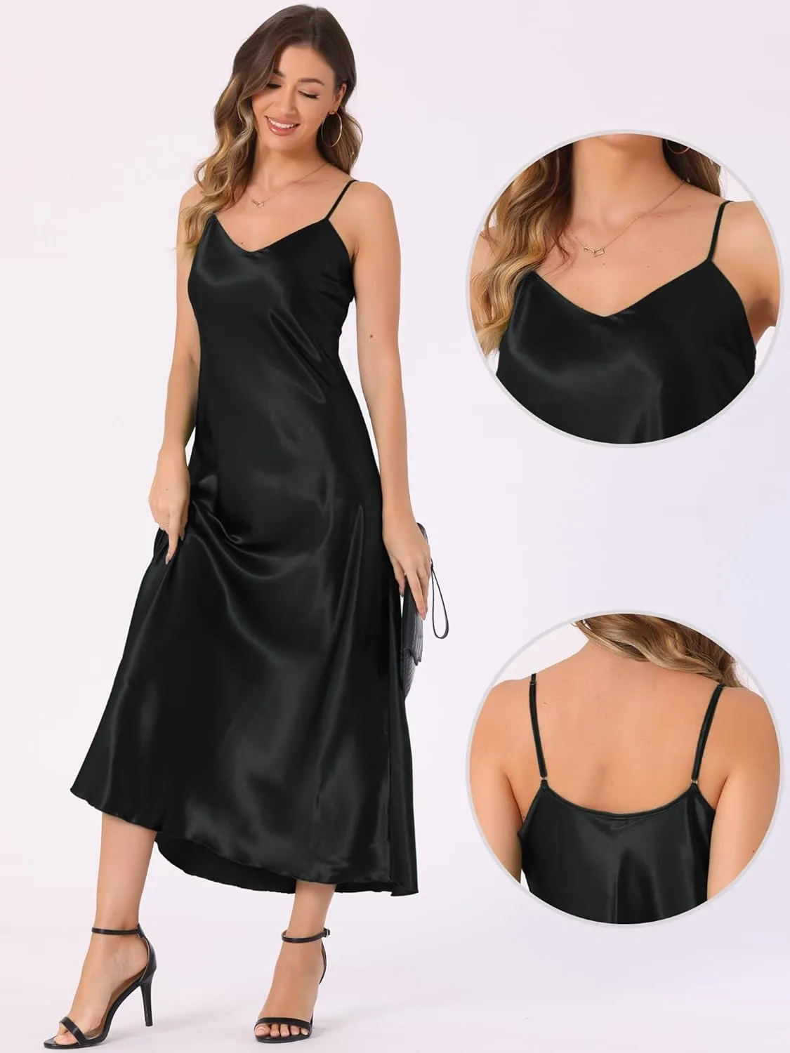 Allegra K Satin Sleeveless Dresses for Women's V Neck Spaghetti Strap Evening Party Silky Maxi Dress