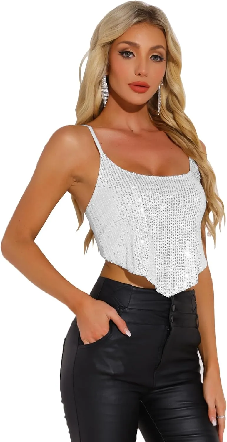 Allegra K Women's Christmas Sequin Spaghetti Straps Crisscross Backless Party Crop Cami Top