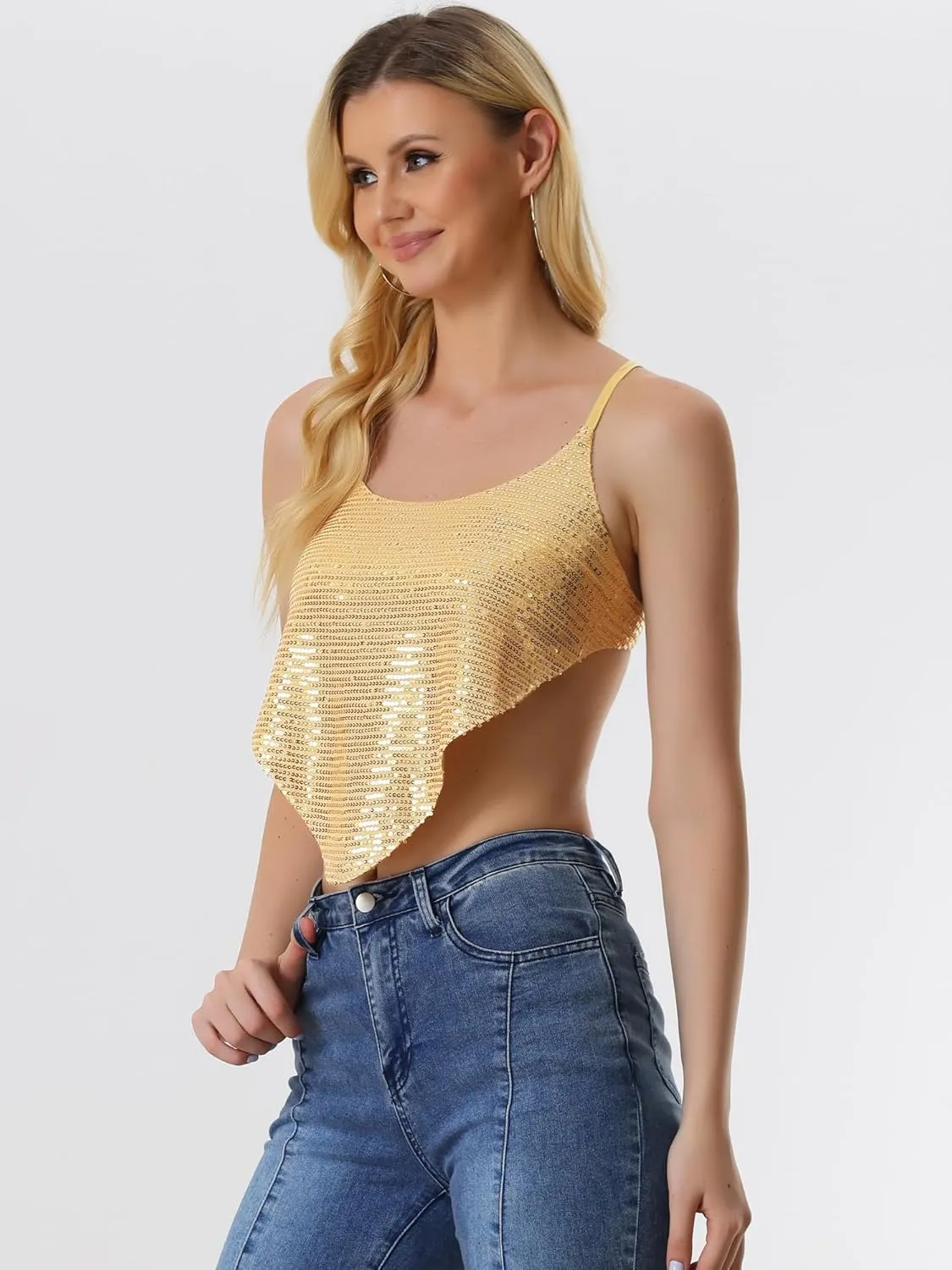 Allegra K Women's Christmas Sequin Spaghetti Straps Crisscross Backless Party Crop Cami Top