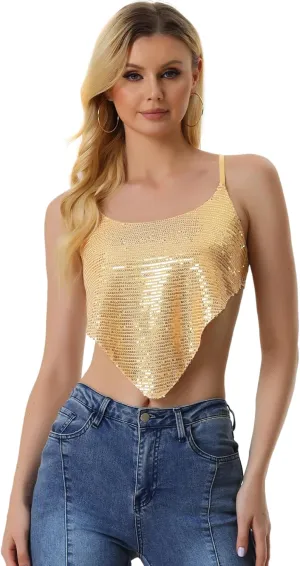 Allegra K Women's Christmas Sequin Spaghetti Straps Crisscross Backless Party Crop Cami Top
