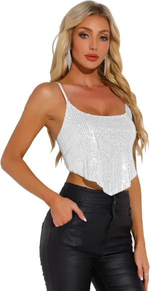 Allegra K Women's Christmas Sequin Spaghetti Straps Crisscross Backless Party Crop Cami Top