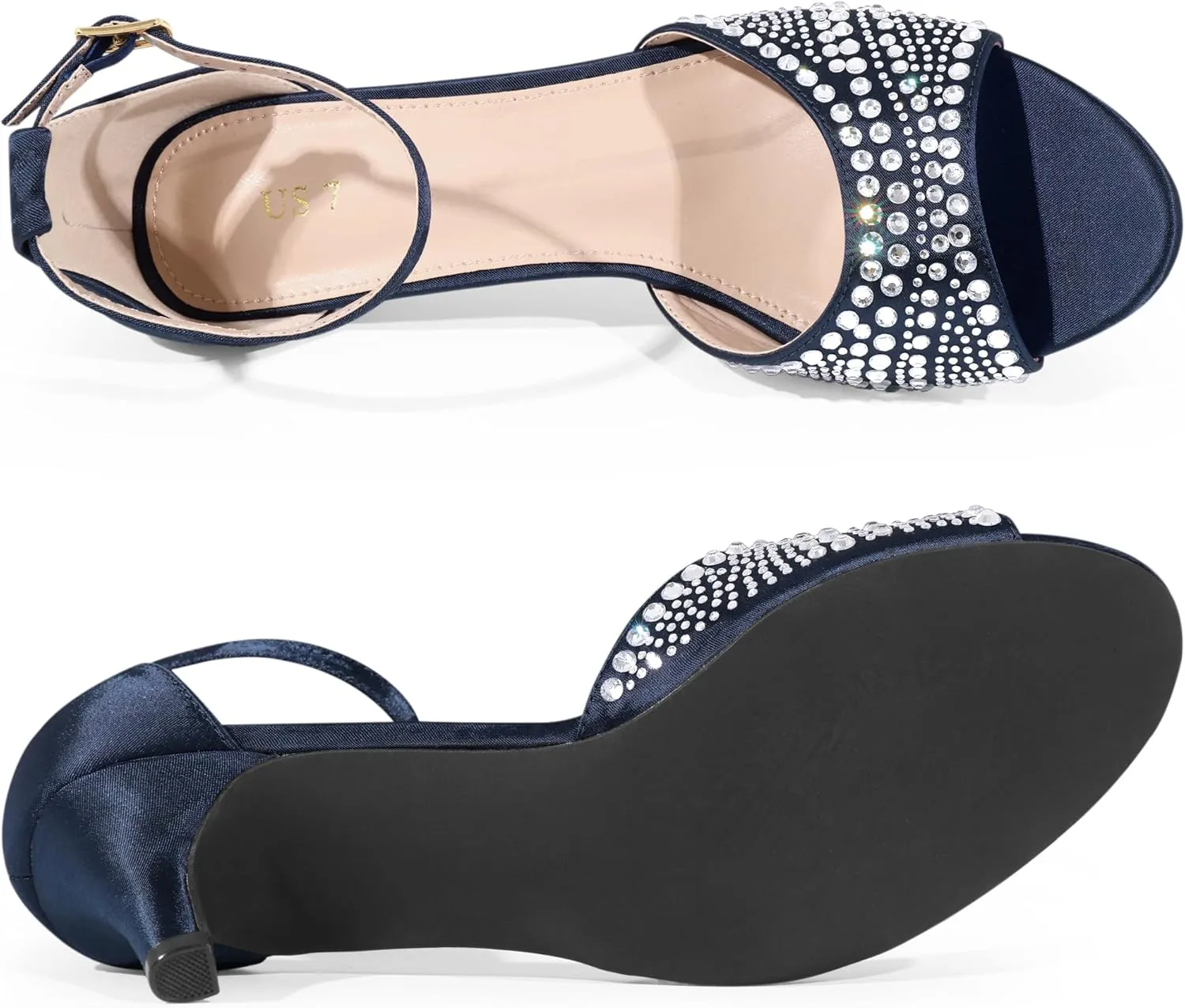 Allegra K Women's Rhinestone Satin Ankle Strap Kitten Heels Sandals