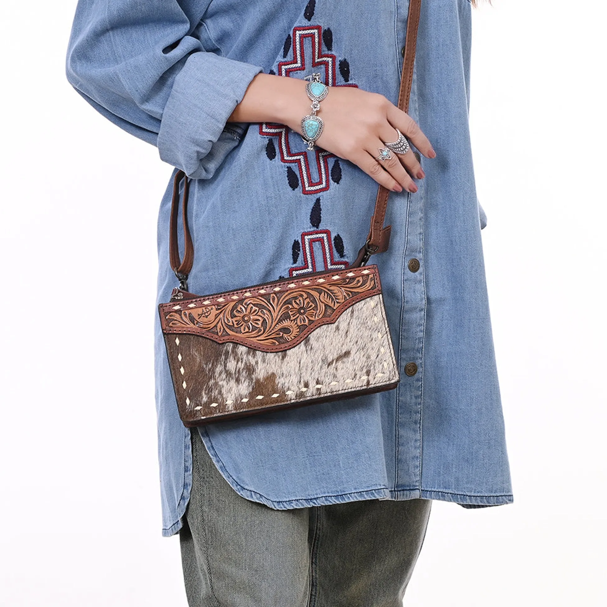 American Darling Hair On with Tooled Yoke Crossbody Bag