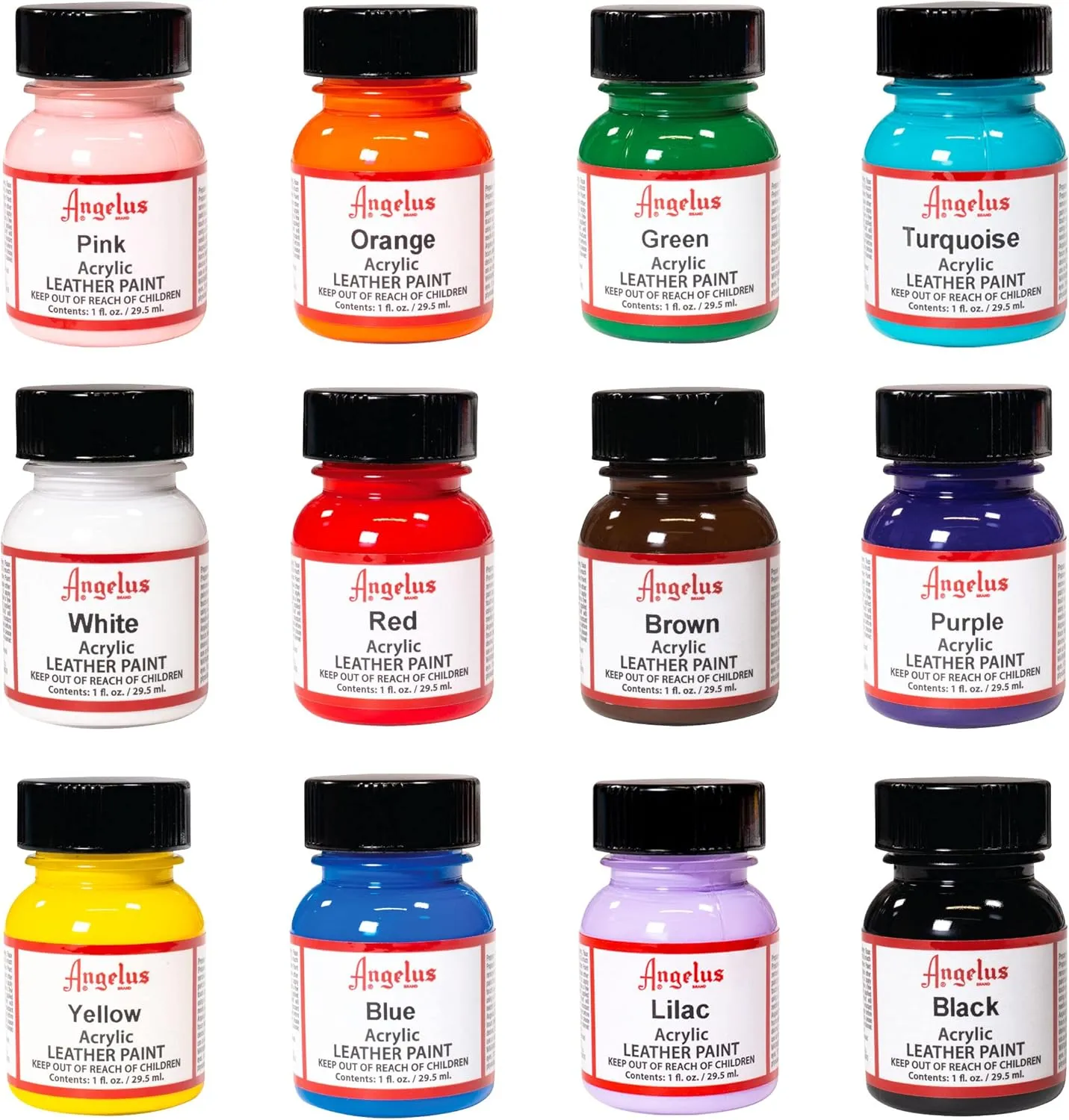 Angelus Acrylic Leather Paint, Best Sellers Kit, Flexible Paint For Shoes, Sneakers, Leather, Canvas, Furniture, and More - 12 Colors (1 oz Each)