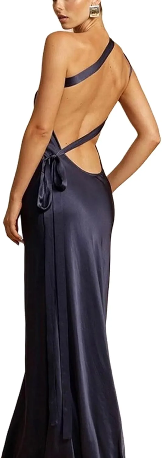 ANKOMINA Women's Sexy Satin Lace Up One Shoulder Bodycon Sleeveless Asymmetric Maxi Dresses for Party Cocktail