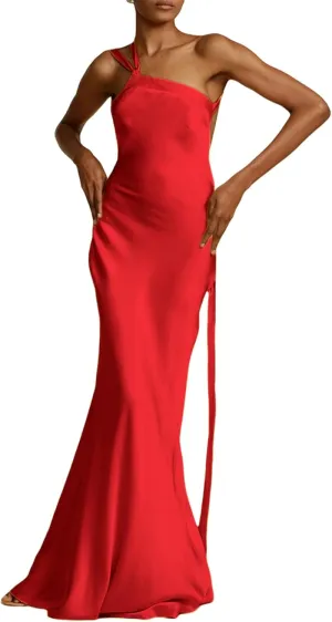 ANKOMINA Women's Sexy Satin Lace Up One Shoulder Bodycon Sleeveless Asymmetric Maxi Dresses for Party Cocktail