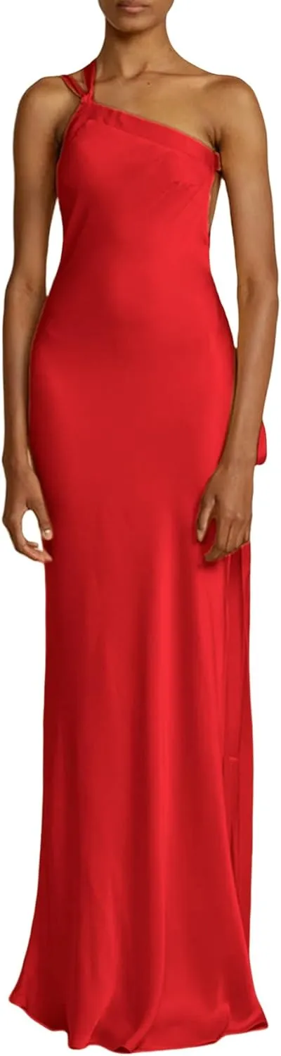 ANKOMINA Women's Sexy Satin Lace Up One Shoulder Bodycon Sleeveless Asymmetric Maxi Dresses for Party Cocktail