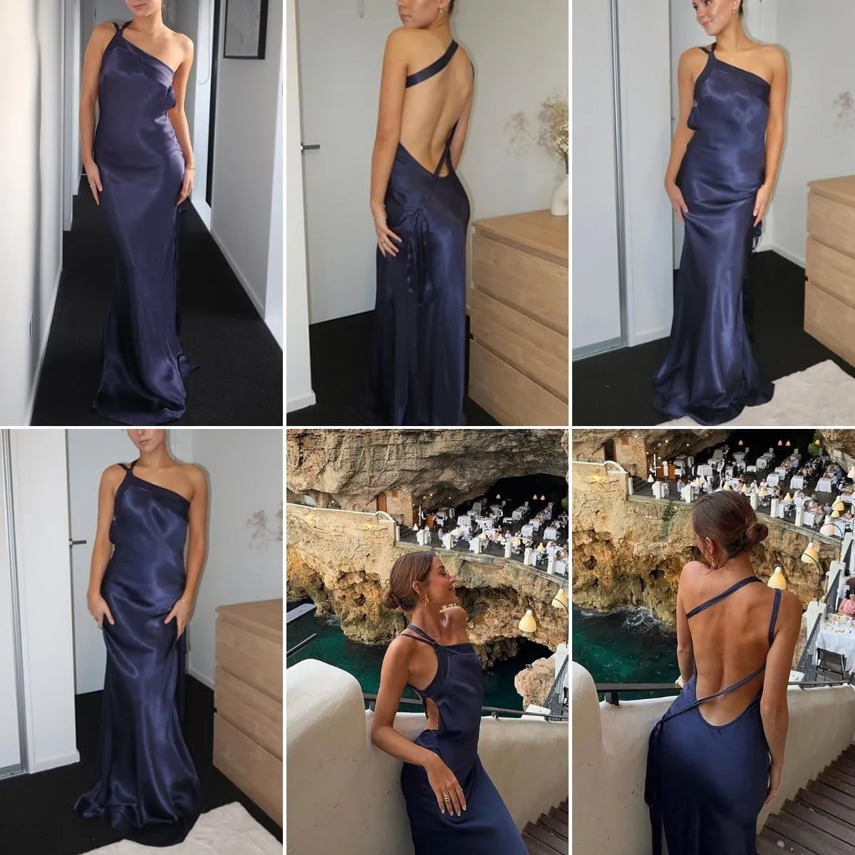ANKOMINA Women's Sexy Satin Lace Up One Shoulder Bodycon Sleeveless Asymmetric Maxi Dresses for Party Cocktail