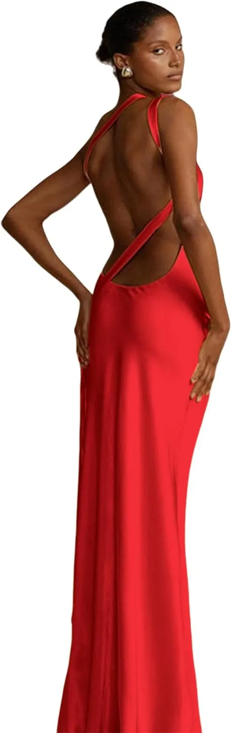 ANKOMINA Women's Sexy Satin Lace Up One Shoulder Bodycon Sleeveless Asymmetric Maxi Dresses for Party Cocktail