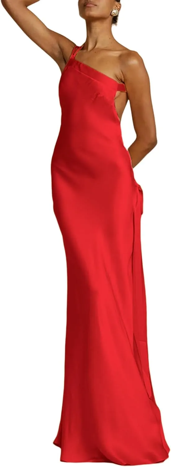ANKOMINA Women's Sexy Satin Lace Up One Shoulder Bodycon Sleeveless Asymmetric Maxi Dresses for Party Cocktail