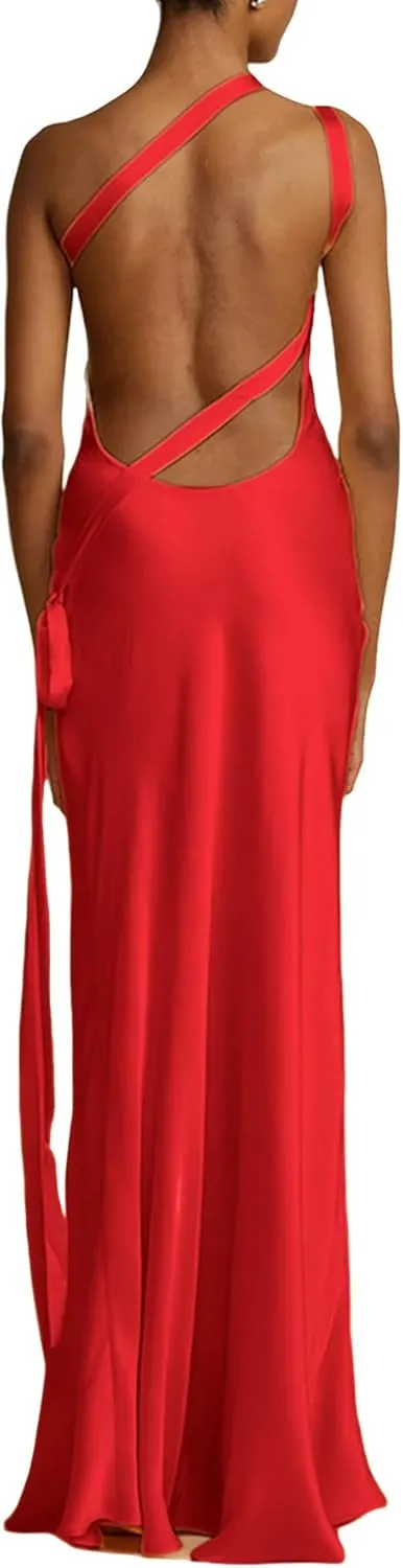 ANKOMINA Women's Sexy Satin Lace Up One Shoulder Bodycon Sleeveless Asymmetric Maxi Dresses for Party Cocktail