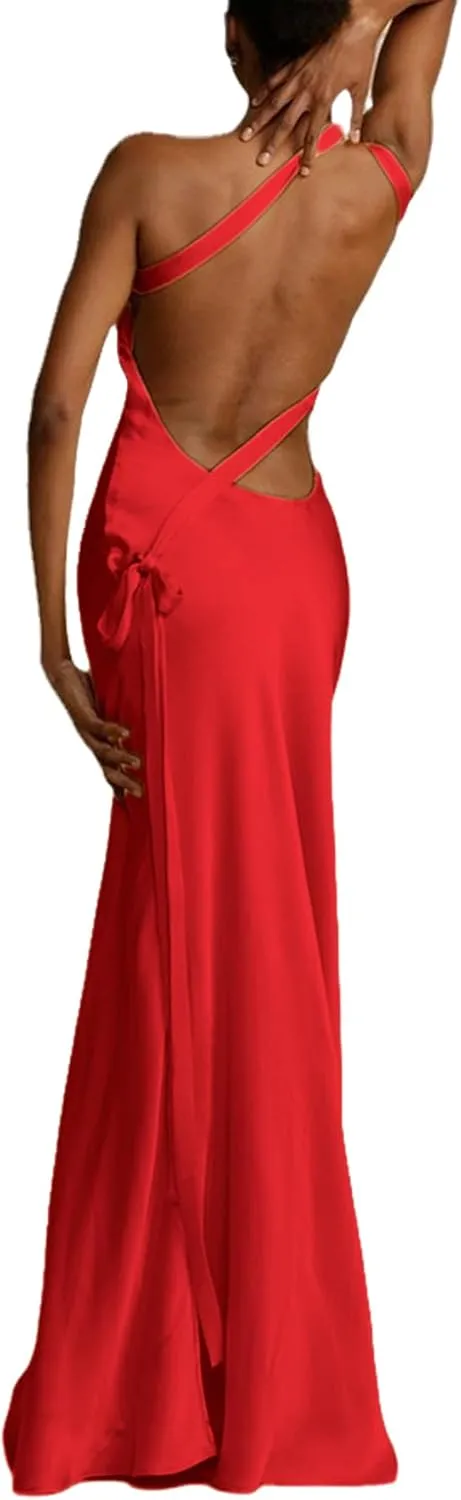 ANKOMINA Women's Sexy Satin Lace Up One Shoulder Bodycon Sleeveless Asymmetric Maxi Dresses for Party Cocktail