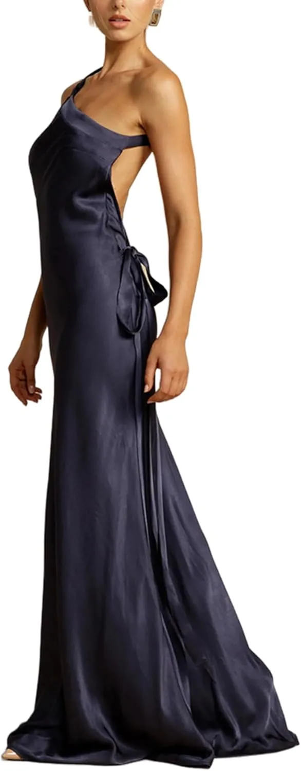 ANKOMINA Women's Sexy Satin Lace Up One Shoulder Bodycon Sleeveless Asymmetric Maxi Dresses for Party Cocktail