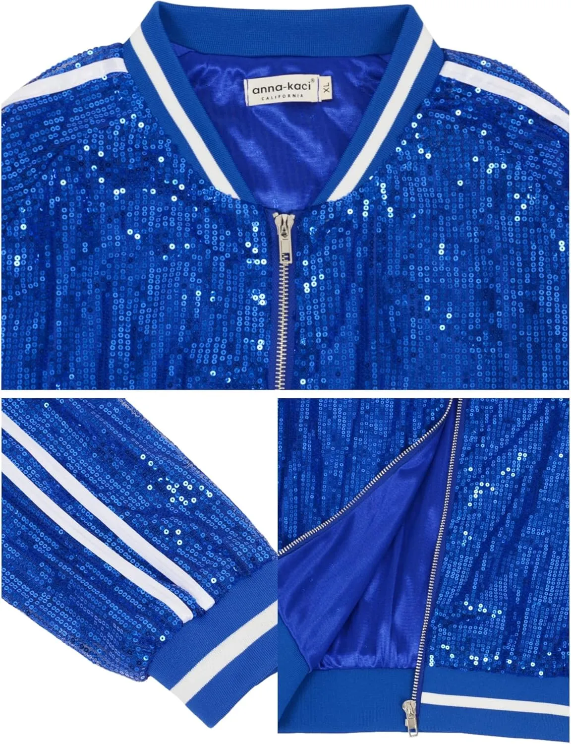 Anna-Kaci Womens Long Sleeve Front Zip Track Stripe Sequin Bomber Jacket