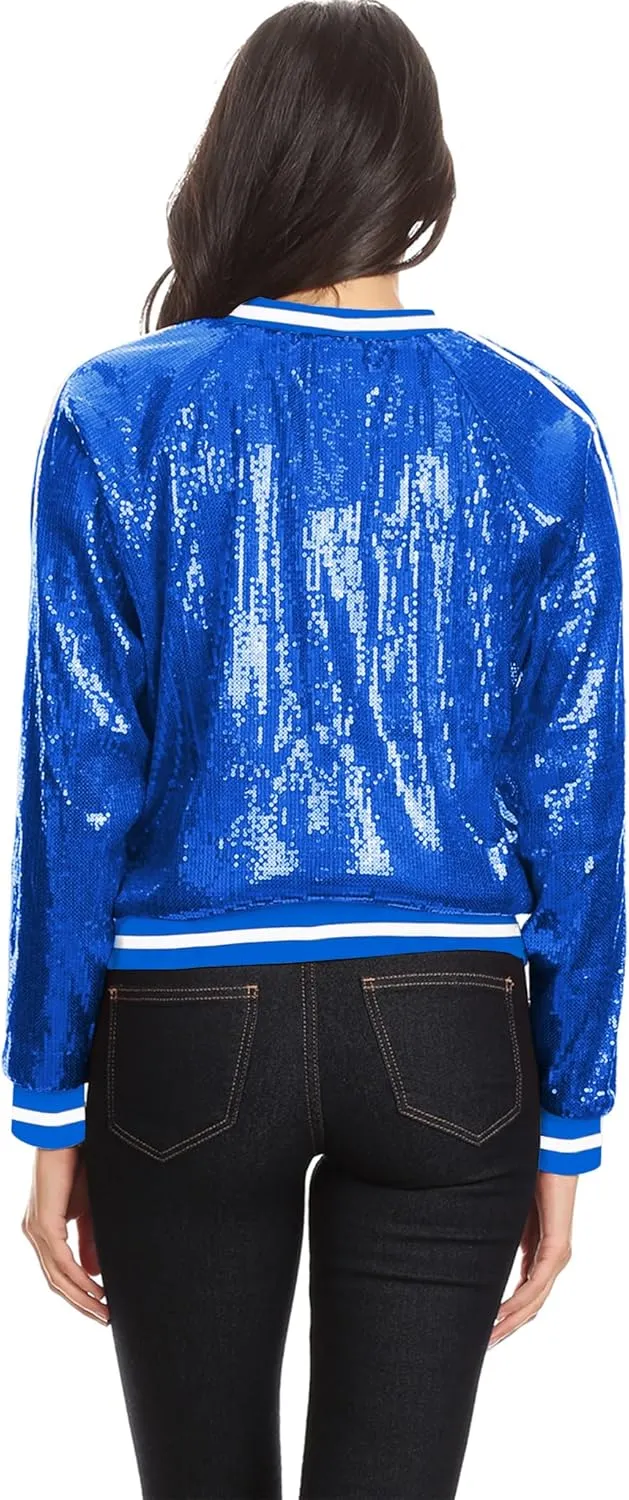 Anna-Kaci Womens Long Sleeve Front Zip Track Stripe Sequin Bomber Jacket
