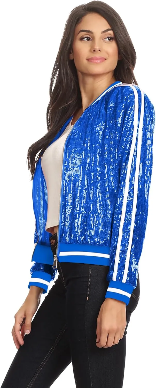Anna-Kaci Womens Long Sleeve Front Zip Track Stripe Sequin Bomber Jacket