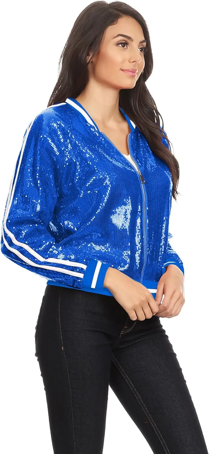 Anna-Kaci Womens Long Sleeve Front Zip Track Stripe Sequin Bomber Jacket