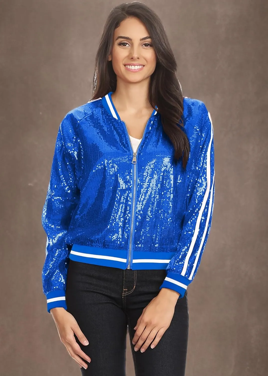 Anna-Kaci Womens Long Sleeve Front Zip Track Stripe Sequin Bomber Jacket