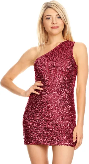 Anna-Kaci Women's One Shoulder Sparkle Sequin Stretchy Cocktail Club Mini Dress