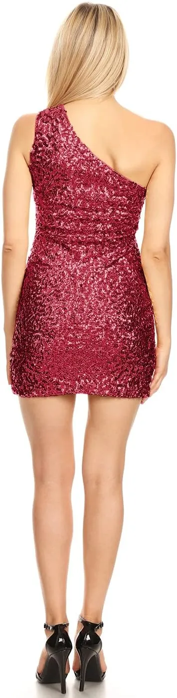 Anna-Kaci Women's One Shoulder Sparkle Sequin Stretchy Cocktail Club Mini Dress