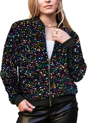 Anna-Kaci Women's Sparkly Sequin Jacket Glitter Long Sleeves Front Zip Up Bomber Jacket with Ribbed Cuffs