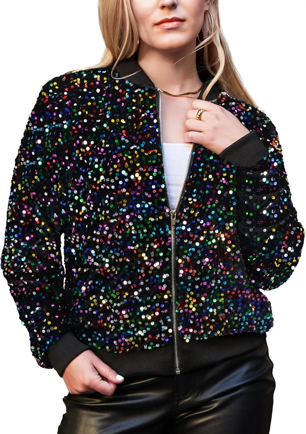 Anna-Kaci Women's Sparkly Sequin Jacket Glitter Long Sleeves Front Zip Up Bomber Jacket with Ribbed Cuffs