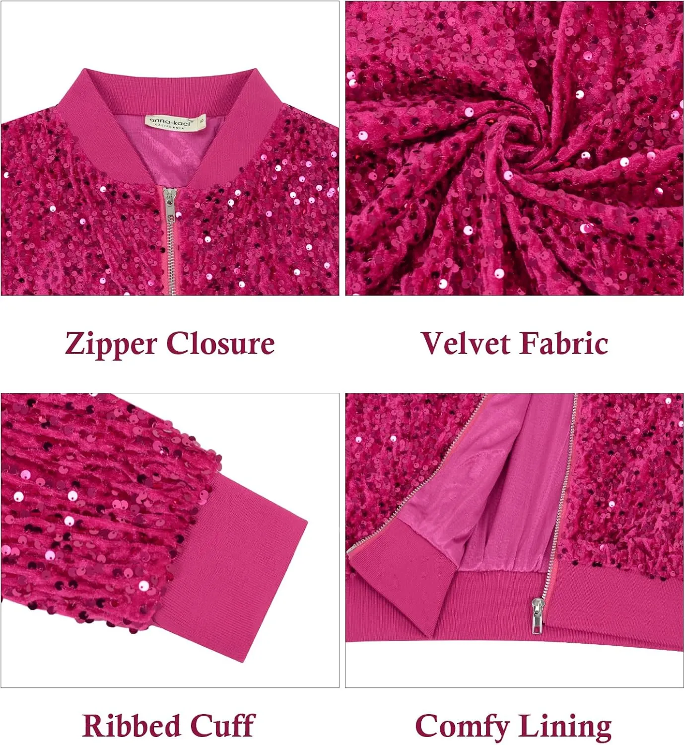 Anna-Kaci Women's Sparkly Sequin Jacket Glitter Long Sleeves Front Zip Up Bomber Jacket with Ribbed Cuffs