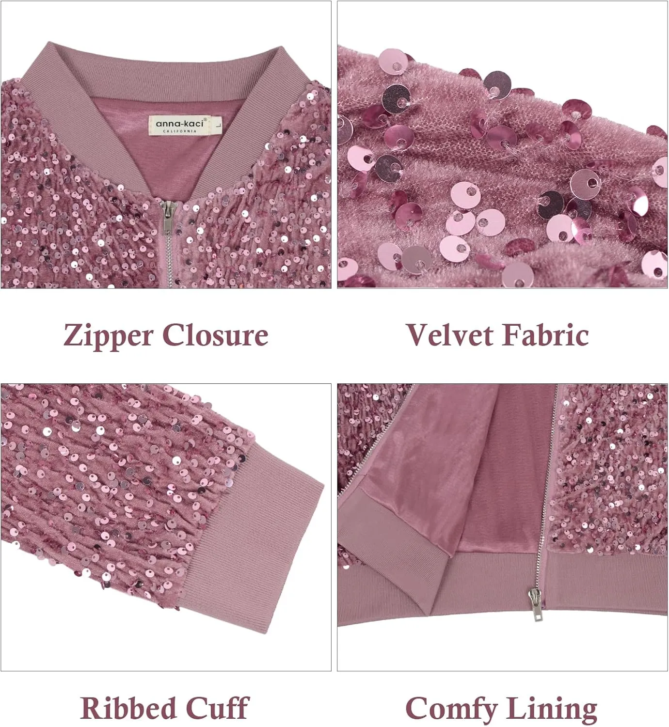 Anna-Kaci Women's Sparkly Sequin Jacket Glitter Long Sleeves Front Zip Up Bomber Jacket with Ribbed Cuffs
