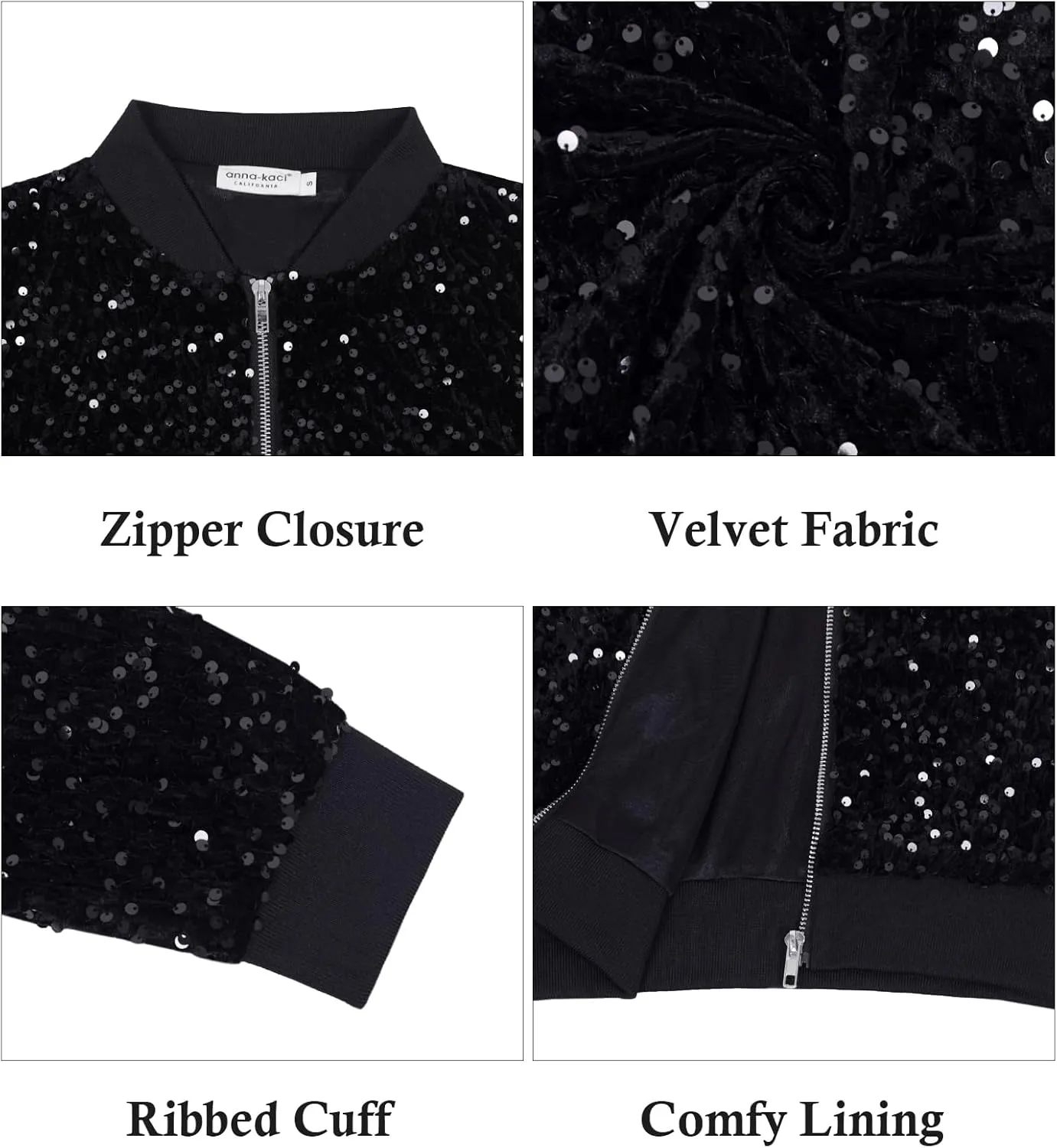 Anna-Kaci Women's Sparkly Sequin Jacket Glitter Long Sleeves Front Zip Up Bomber Jacket with Ribbed Cuffs