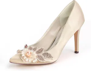 Anna's Bridal Pearl Satin White Wedding Shoes for Bride High Heels Pointed Toe Crystal Evening Prom Party Pumps Heels