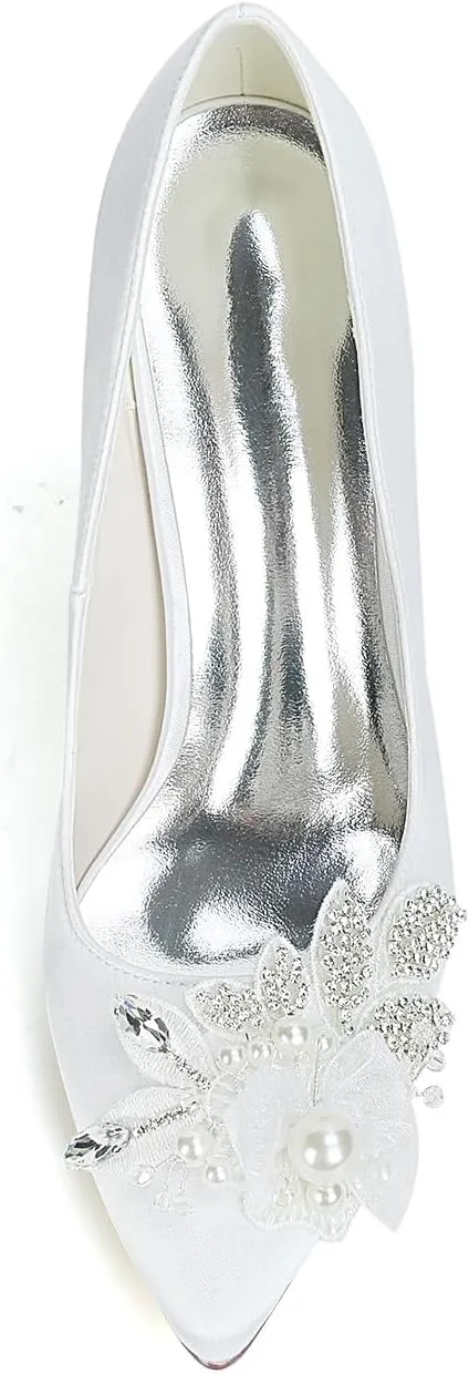 Anna's Bridal Pearl Satin White Wedding Shoes for Bride High Heels Pointed Toe Crystal Evening Prom Party Pumps Heels